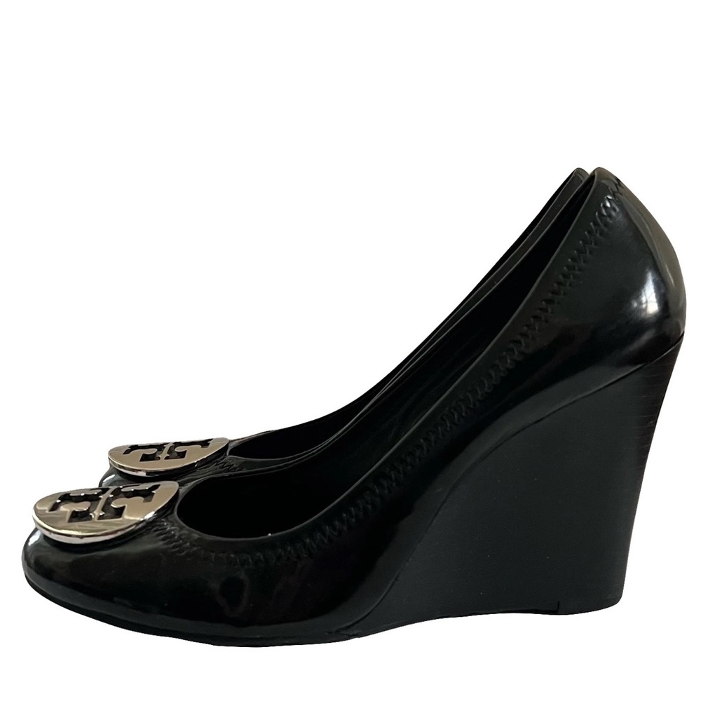 Tory Burch Patent Leather Sophie Wedges Black Size 7.5